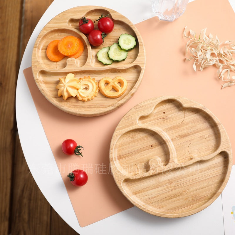 Children's Suction Bamboo Divided Plate with Spoon & Fork