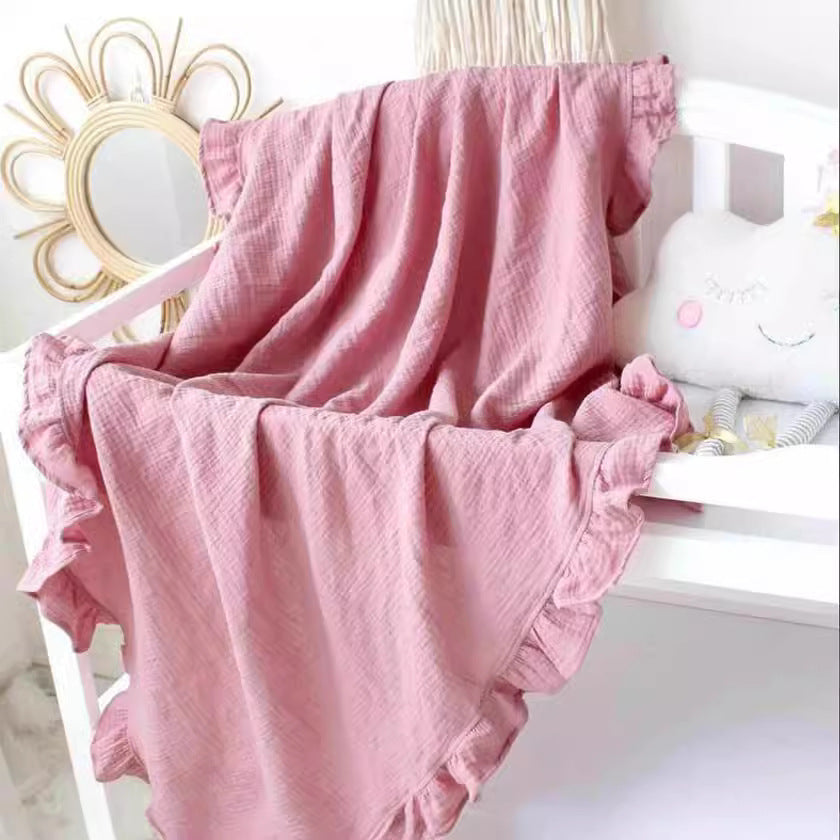 New Embroidered Baby Cotton Muslin Blanket with Ruffles