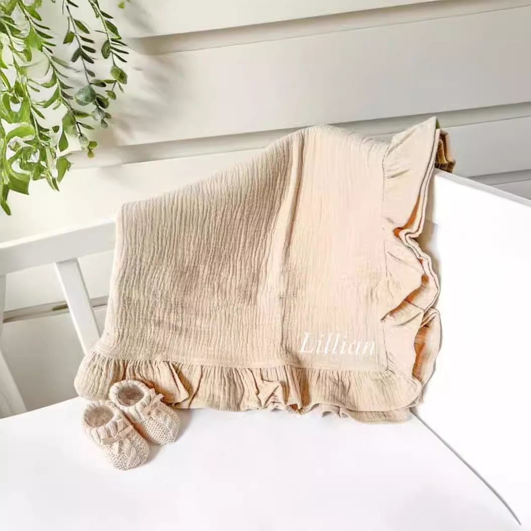 New Embroidered Baby Cotton Muslin Blanket with Ruffles