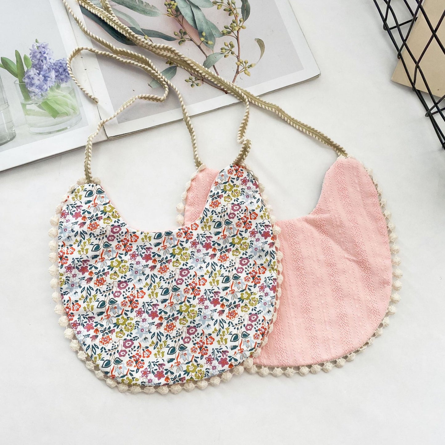 Double-Sided Baby Bib with Lace Beanie for Newborns