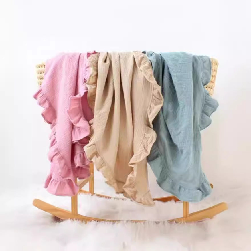 New Embroidered Baby Cotton Muslin Blanket with Ruffles