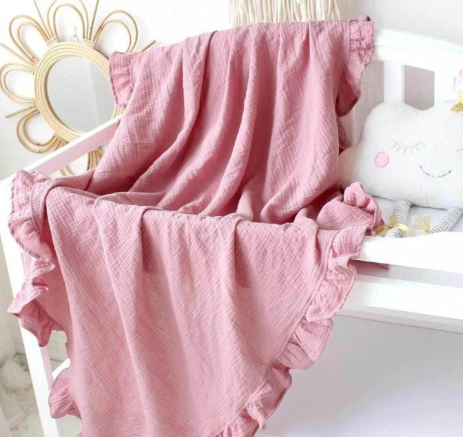 New Embroidered Baby Cotton Muslin Blanket with Ruffles